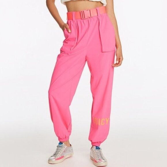 NWT Juicy Couture neon pink belted elastic waist logo jogger track pants, L - Picture 1 of 3